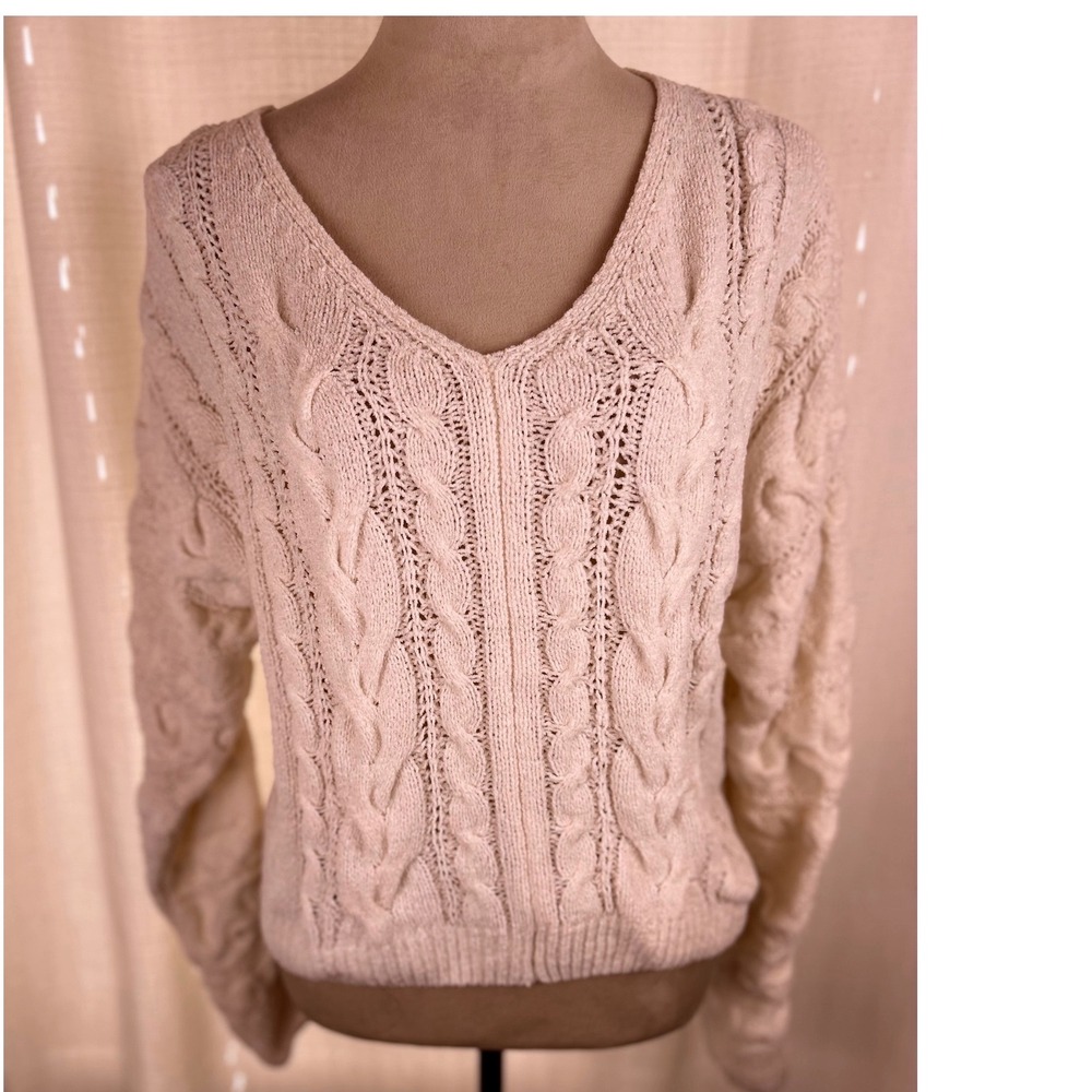 Pink Rose Cable Knit Sweater Cream V-Neck Chenille Pullover Women's Size Medium